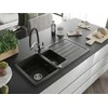 Granitinė virtuvinė plautuvė Mexen Andres su maišytuvu ir sifonu, Metallic juodas/auksinis+Juodas/Chrome