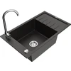 Granitinė virtuvinė plautuvė Mexen Elias su maišytuvu ir sifonu, Metallic juodas/auksinis+Chrome