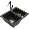 Granitinė virtuvinė plautuvė Mexen Carlos su maišytuvu ir sifonu, Metallic juodas/auksinis+Juodas/Chrome