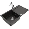 Granitinė virtuvinė plautuvė Mexen Leo su maišytuvu ir sifonu, Metallic juodas/auksinis+Juodas/Chrome