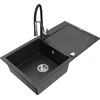 Granitinė virtuvinė plautuvė Mexen Leo su maišytuvu ir sifonu, Metallic juodas/auksinis+Juodas/Chrome