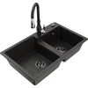 Granitinė virtuvinė plautuvė Mexen Tomas su maišytuvu ir sifonu, Metallic juodas/auksinis+Juodas