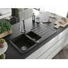 Granitinė virtuvinė plautuvė Mexen Andres su maišytuvu ir sifonu, Metallic juodas/auksinis+Chrome