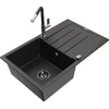 Granitinė virtuvinė plautuvė Mexen Bruno su maišytuvu ir sifonu, Metallic juodas/auksinis+Juodas/Chrome