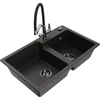 Granitinė virtuvinė plautuvė Mexen Tomas su maišytuvu ir sifonu, Metallic juodas/auksinis+Juodas/Chrome