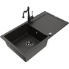 Granitinė virtuvinė plautuvė Mexen Leo su maišytuvu ir sifonu, Metallic juodas/auksinis+Juodas