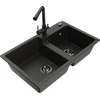 Granitinė virtuvinė plautuvė Mexen Tomas su maišytuvu ir sifonu, Metallic juodas/auksinis+Juodas(B)