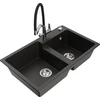 Granitinė virtuvinė plautuvė Mexen Tomas su maišytuvu ir sifonu, Metallic juodas/auksinis+Juodas/Chrome