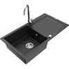Granitinė virtuvinė plautuvė Mexen Leo su maišytuvu ir sifonu, Metallic juodas/auksinis+Chrome