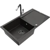 Granitinė virtuvinė plautuvė Mexen Leo su maišytuvu ir sifonu, Metallic juodas/auksinis+Juodas/Chrome