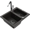Granitinė virtuvinė plautuvė Mexen Carlos su maišytuvu ir sifonu, Metallic juodas/auksinis+Juodas/Chrome