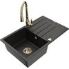 Granitinė virtuvinė plautuvė Mexen Bruno su maišytuvu ir sifonu, Metallic juodas/auksinis+Gold