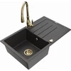 Granitinė virtuvinė plautuvė Mexen Bruno su maišytuvu ir sifonu, Juodas granite+Gold