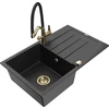 Granitinė virtuvinė plautuvė Mexen Bruno su maišytuvu ir sifonu, Metallic juodas/sidabrinis+Juodas/Gold