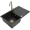 Granitinė virtuvinė plautuvė Mexen Bruno su maišytuvu ir sifonu, Metallic juodas/sidabrinis+Gold