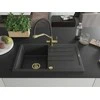 Granitinė virtuvinė plautuvė Mexen Bruno su maišytuvu ir sifonu, Juodas granite+Juodas/Gold