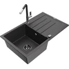 Granitinė virtuvinė plautuvė Mexen Bruno su maišytuvu ir sifonu, Juodas granite+Juodas/Chrome