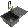 Granitinė virtuvinė plautuvė Mexen Bruno su maišytuvu ir sifonu, Juodas granite+Juodas/Gold