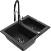 Granitinė virtuvinė plautuvė Mexen Carlos su maišytuvu ir sifonu, Metallic juodas/sidabrinis+Juodas/Chrome