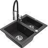 Granitinė virtuvinė plautuvė Mexen Carlos su maišytuvu ir sifonu, Juodas granite+Juodas/Chrome