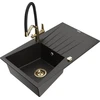 Granitinė virtuvinė plautuvė Mexen Cesar su maišytuvu ir sifonu, Metallic juodas/auksinis+Juodas/Gold