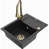 Granitinė virtuvinė plautuvė Mexen Enzo su maišytuvu ir sifonu, Metallic juodas/sidabrinis+Gold