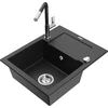 Granitinė virtuvinė plautuvė Mexen Enzo su maišytuvu ir sifonu, Metallic juodas/sidabrinis+Juodas/Chrome
