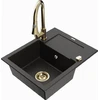 Granitinė virtuvinė plautuvė Mexen Enzo su maišytuvu ir sifonu, Metallic juodas/auksinis+Gold