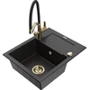 Granitinė virtuvinė plautuvė Mexen Enzo su maišytuvu ir sifonu, Metallic juodas/sidabrinis+Juodas/Gold