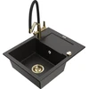 Granitinė virtuvinė plautuvė Mexen Enzo su maišytuvu ir sifonu, Metallic juodas/auksinis+Juodas/Gold