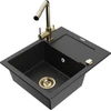 Granitinė virtuvinė plautuvė Mexen Enzo su maišytuvu ir sifonu, Metallic juodas/sidabrinis+Gold