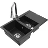 Granitinė virtuvinė plautuvė Mexen Gaspar su maišytuvu ir sifonu, Metallic juodas/sidabrinis+Chrome