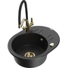 Granitinė virtuvinė plautuvė Mexen Kevin su maišytuvu ir sifonu, Metallic juodas/sidabrinis+Juodas/Gold