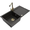 Granitinė virtuvinė plautuvė Mexen Leo su maišytuvu ir sifonu, Metallic juodas/auksinis+Gold