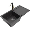 Granitinė virtuvinė plautuvė Mexen Leo su maišytuvu ir sifonu, Juodas granite+Juodas granite/Gold