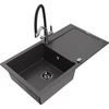Granitinė virtuvinė plautuvė Mexen Leo su maišytuvu ir sifonu, Juodas granite+Juodas/Chrome