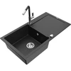 Granitinė virtuvinė plautuvė Mexen Leo su maišytuvu ir sifonu, Metallic juodas/sidabrinis+Juodas/Chrome