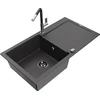 Granitinė virtuvinė plautuvė Mexen Leo su maišytuvu ir sifonu, Juodas granite+Juodas/Chrome