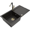 Granitinė virtuvinė plautuvė Mexen Leo su maišytuvu ir sifonu, Metallic juodas/auksinis+Juodas/Gold