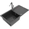 Granitinė virtuvinė plautuvė Mexen Leo su maišytuvu ir sifonu, Juodas granite+Juodas granite/Chrome