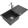 Granitinė virtuvinė plautuvė Mexen Leo su maišytuvu ir sifonu, Juodas granite+Chrome