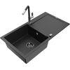 Granitinė virtuvinė plautuvė Mexen Leo su maišytuvu ir sifonu, Metallic juodas/sidabrinis+Juodas/Chrome