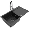 Granitinė virtuvinė plautuvė Mexen Leo su maišytuvu ir sifonu, Metallic juodas/sidabrinis+Juodas/Chrome