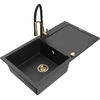 Granitinė virtuvinė plautuvė Mexen Leo su maišytuvu ir sifonu, Metallic juodas/sidabrinis+Juodas/Gold