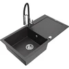 Granitinė virtuvinė plautuvė Mexen Leo su maišytuvu ir sifonu, Juodas granite+Juodas/Chrome