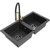 Granitinė virtuvinė plautuvė Mexen Mario su maišytuvu ir sifonu, Juodas granite+Juodas/Gold