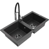 Granitinė virtuvinė plautuvė Mexen Mario su maišytuvu ir sifonu, Juodas granite+Juodas/Chrome