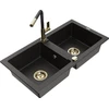 Granitinė virtuvinė plautuvė Mexen Mario su maišytuvu ir sifonu, Metallic juodas/auksinis+Juodas/Gold