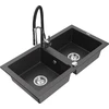 Granitinė virtuvinė plautuvė Mexen Mario su maišytuvu ir sifonu, Juodas granite+Juodas/Chrome