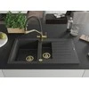 Granitinė virtuvinė plautuvė Mexen Matias su maišytuvu ir sifonu, Juodas granite+Juodas/Gold
